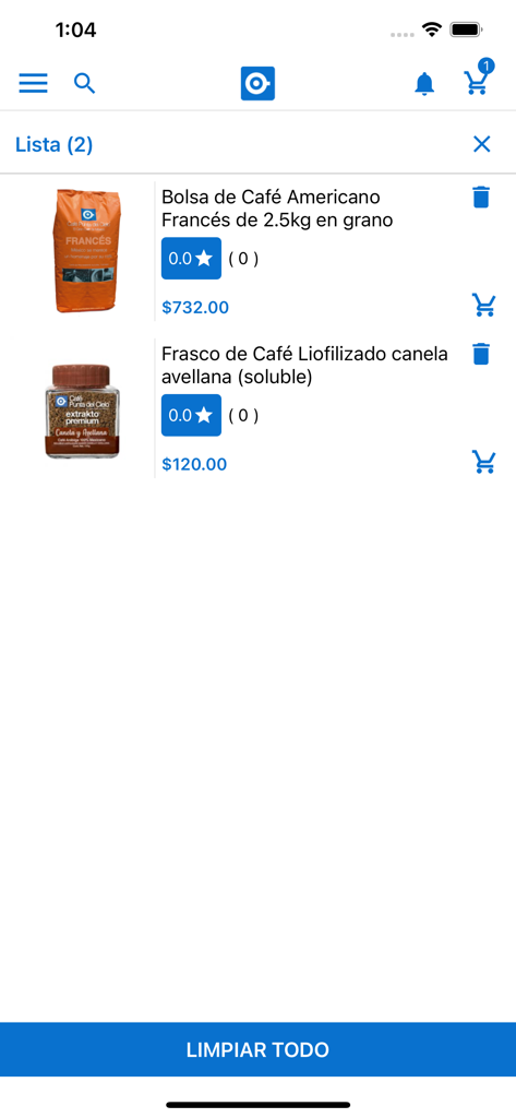 Vista de la lista de compras en la app Cafe Punta del Cielo que muestra una bolsa de café en grano y un frasco de café soluble con precios y un botón para borrar todo.