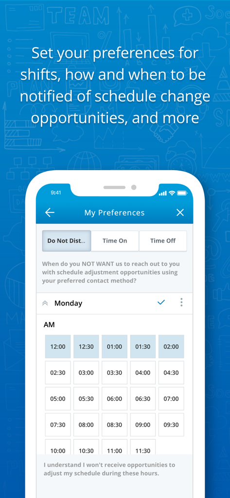 NiCE EEM app interface for setting schedule notification preferences and Do Not Disturb hours.