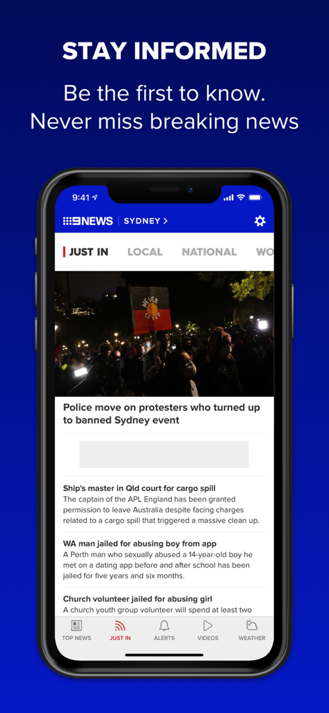 9NEWS - 9NEWS mobile app interface showing breaking news headlines and local Sydney updates
