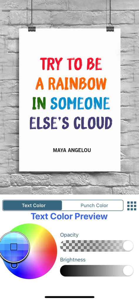 Quotes Creator - Quote Maker - Quotes Creator app interface showing text color customization for a Maya Angelou quote