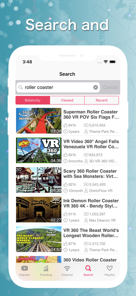 VR Tube: 360 & 3D Video - Pantalla de búsqueda de la aplicación VR Tube mostrando resultados de videos de montañas rusas de 360 grados