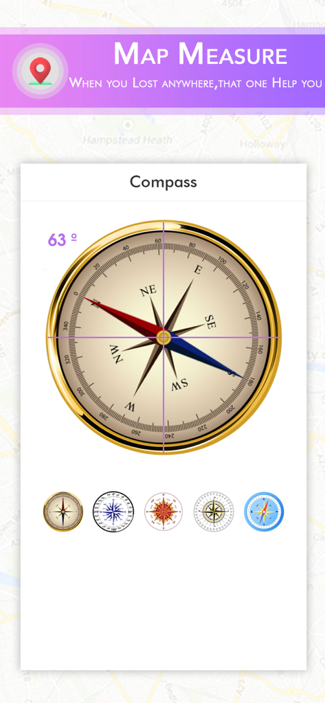 Interfaz de brújula digital en la aplicación Map Measure para navegación y topografía.
