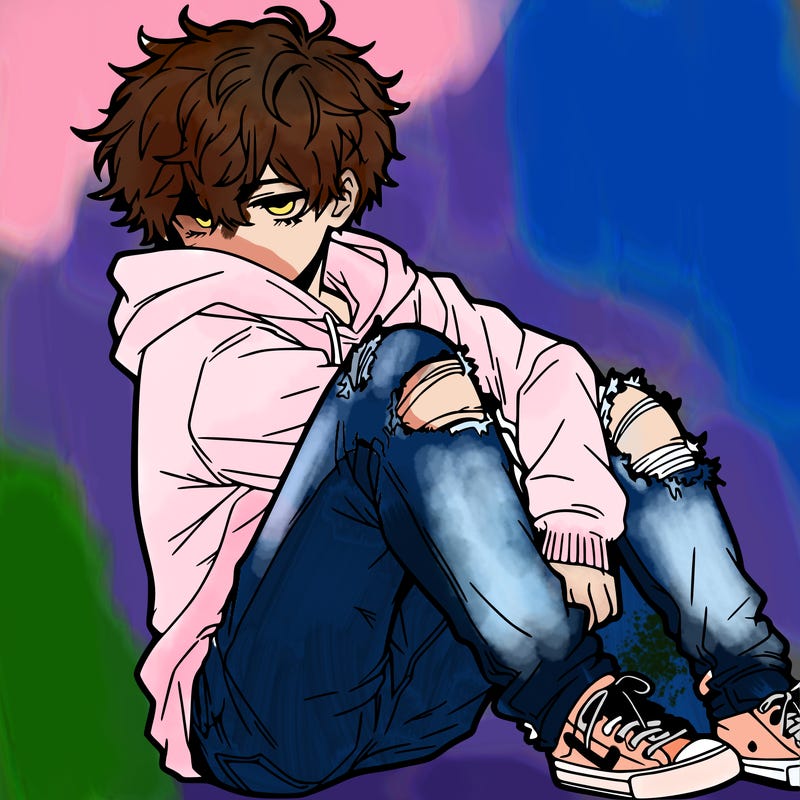 a male hoddie ripped jeans messy hair anime