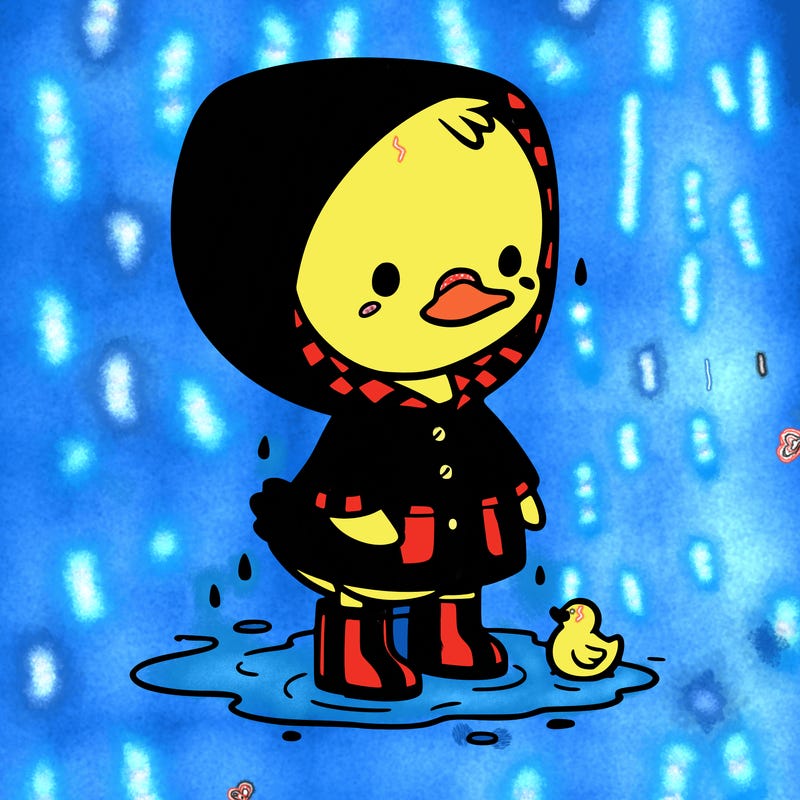 baby duck in a rain coat and boots, in a puddle while it’s raining