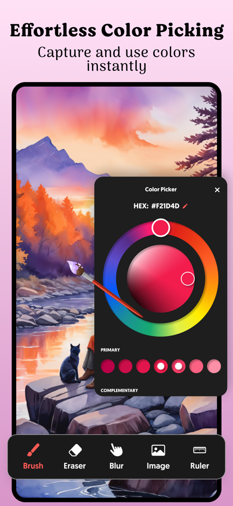 SketchBook Draw Art & Paint - Digital painting app interface showing a color wheel and palette over a landscape illustration
