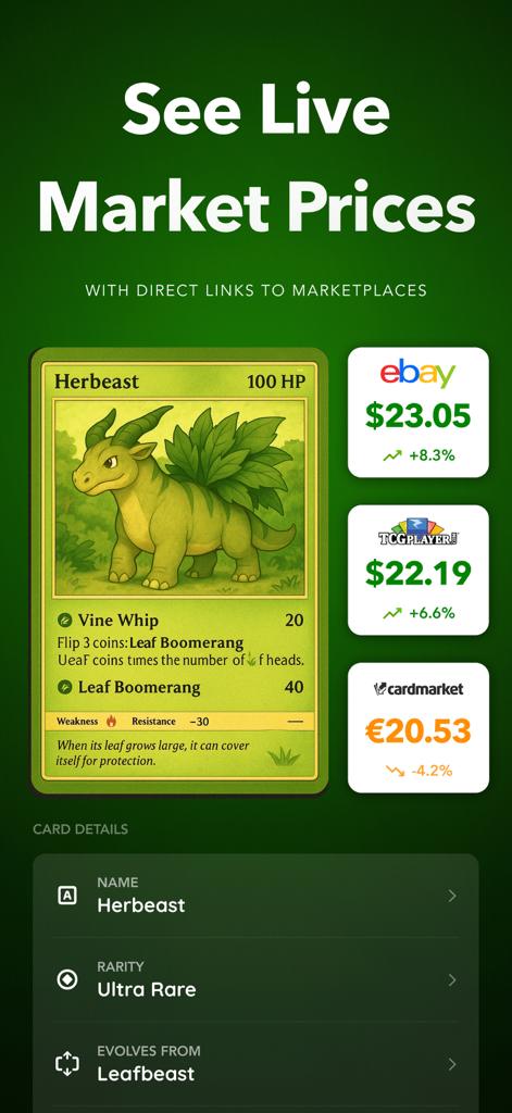 Snapdex: Card Value Scanner - Snapdex app interface showing live market prices for a trading card from eBay, TCGPlayer, and Cardmarket.