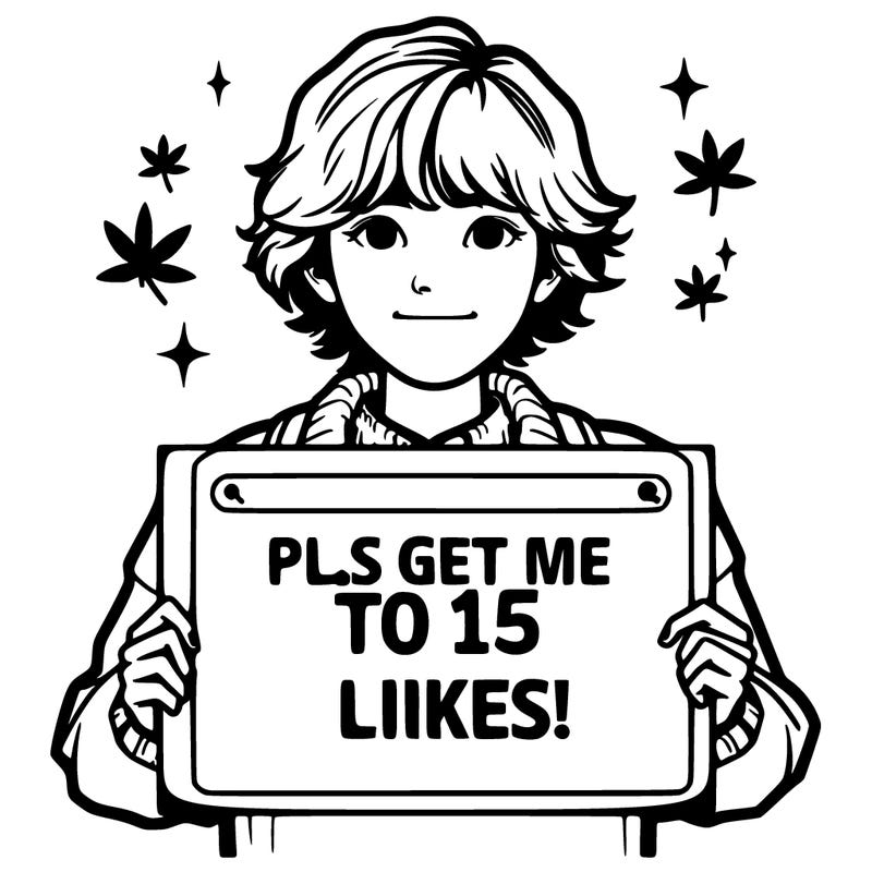 realistic girl holding up a sign that says “pls get me to 15 likes!”