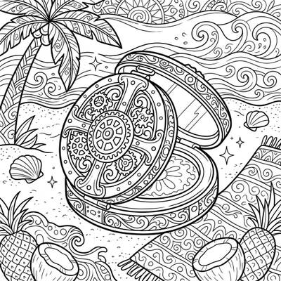 Dive into a unique summer escape with this intricate coloring page, featuring a dazzling steampunk blush compact amidst beachy delights. Combine the elegance of gears with the warmth of tropical sun for a truly imaginative coloring experience.