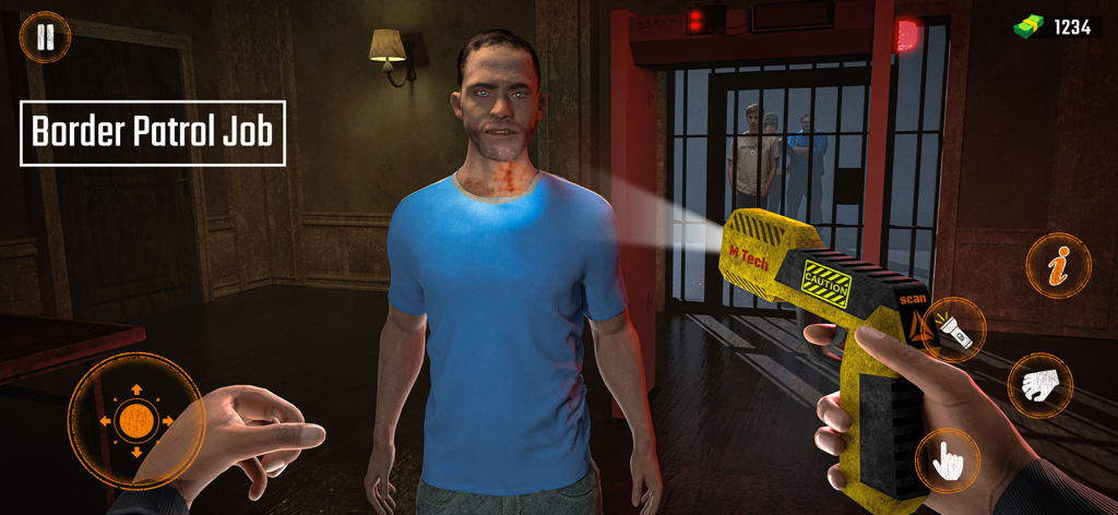 Zombie Border Survival Zone - Jugabilidad en primera persona mostrando a un oficial fronterizo escaneando a un hombre en busca de signos de infección zombie