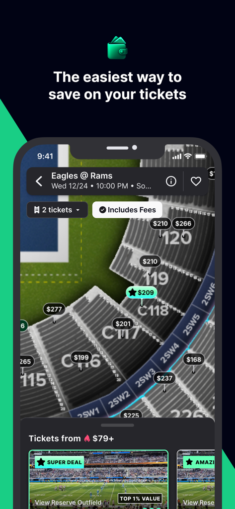Gametime app interface showing a stadium seating map with transparent ticket prices for an NFL game