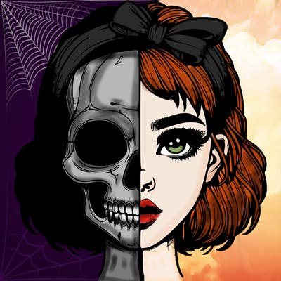 realistic girl with half skull mask