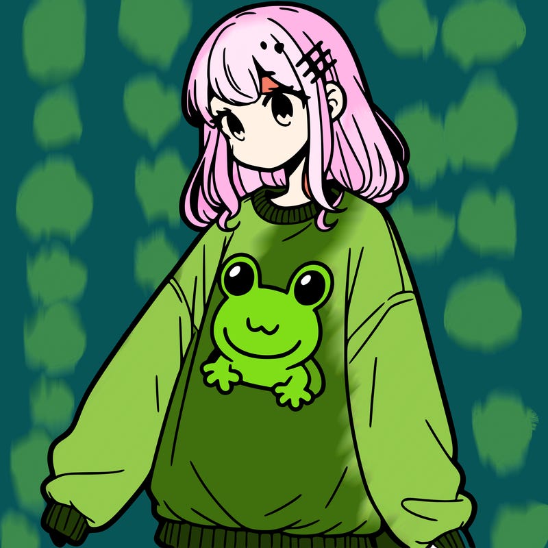 girl wearing frogging sweatshirt