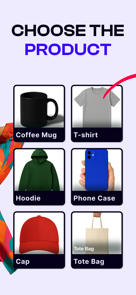 Mockup Creator - 머그, 티셔츠, 후드티, 휴대폰 케이스를 포함한 디자인 선택을 위한 제품 카테고리를 보여주는 목업 크리에이터 앱 화면