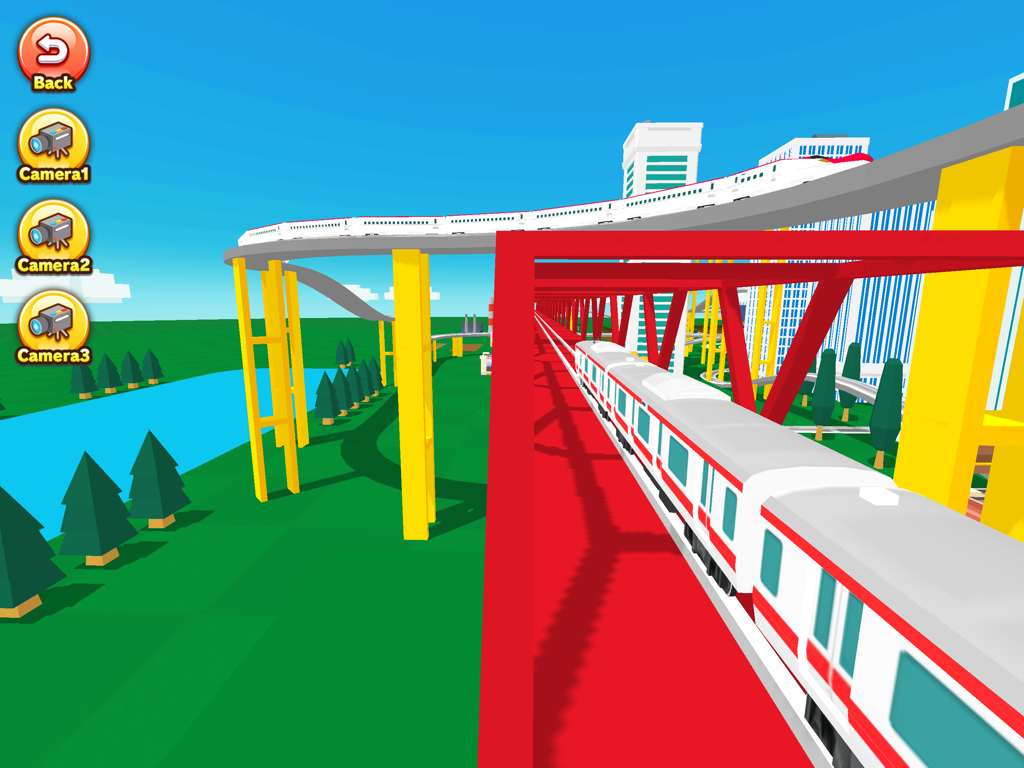 Train Go for iPad - Um trem vermelho e branco viajando em uma ponte vermelha em um ambiente ferroviário virtual 3D.