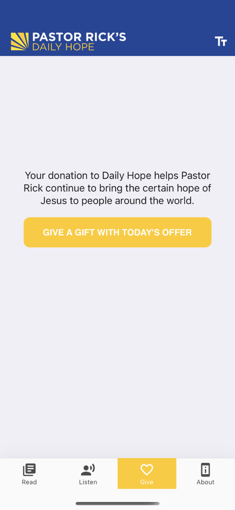 Daily Hope - The donation screen of the Daily Hope app by Pastor Rick Warren featuring a button to give a gift.
