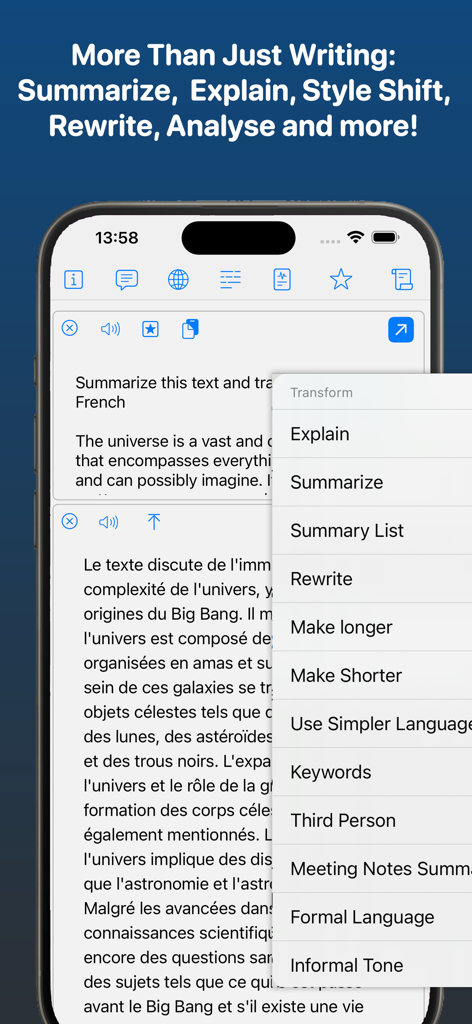 GeminAI app interface showing text summarization and translation features with a dropdown menu of AI editing options