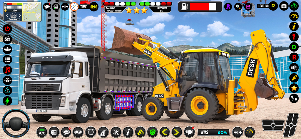 Road Build & Dropoff Missions - Excavadora amarilla cargando un camión volquete blanco en un juego de simulación de construcción de ciudades