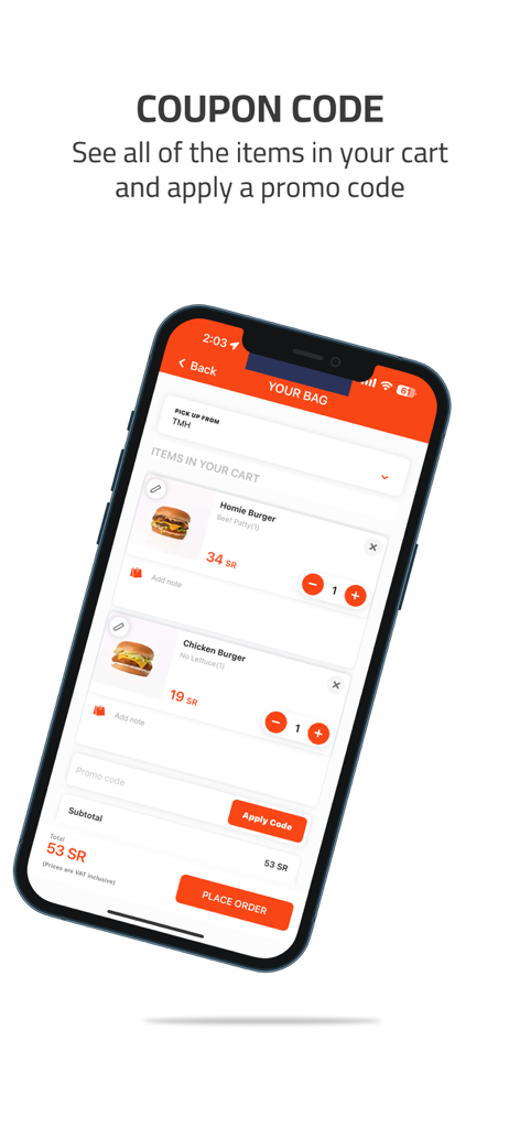 Take Me Home | TMH - Schermata del carrello di Take Me Home app che mostra hamburger nel carrello e un campo per codici promozionali
