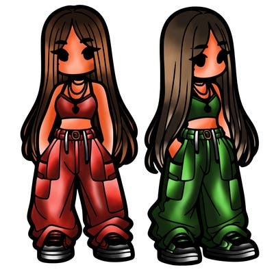 girl in baggy pants crop top and long hair