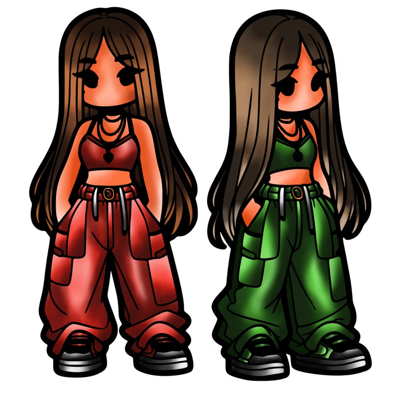 girl in baggy pants crop top and long hair