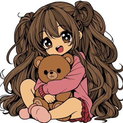 manga girl, long curly hair, happy, cuddling a teddy bear