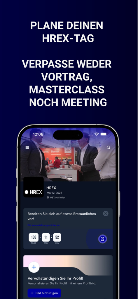 HREX - HREX app dashboard with event countdown and profile setup screen