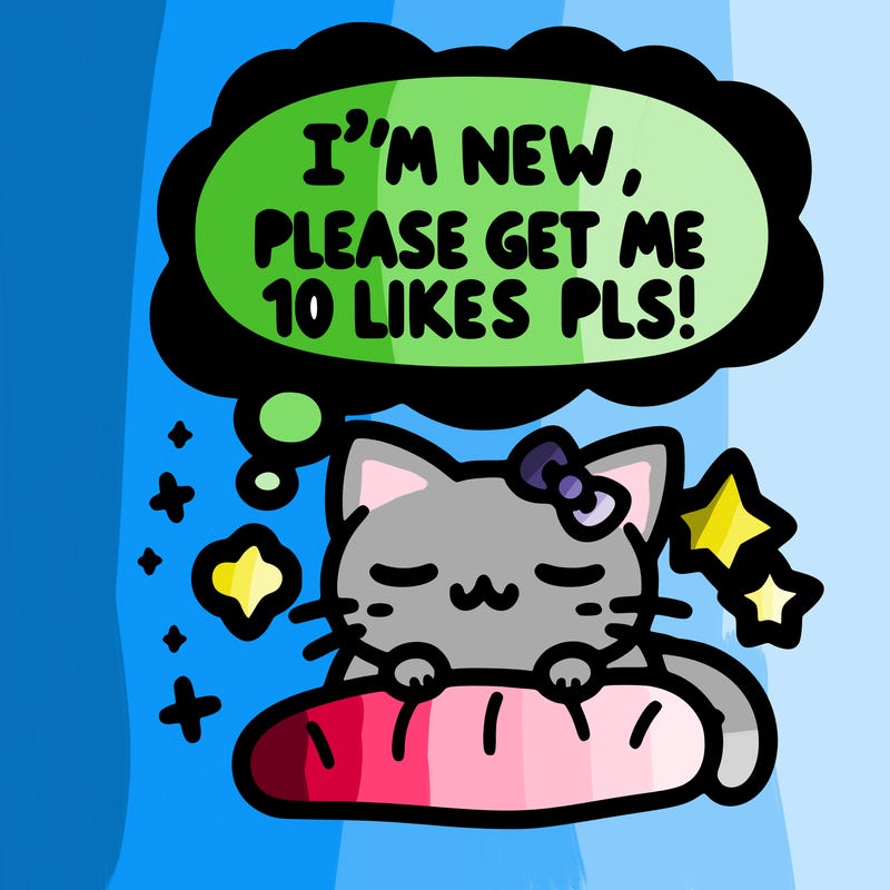 kitty taking a nap dream talking and saying "i'm new, please get me at least 10 likes pls!!"