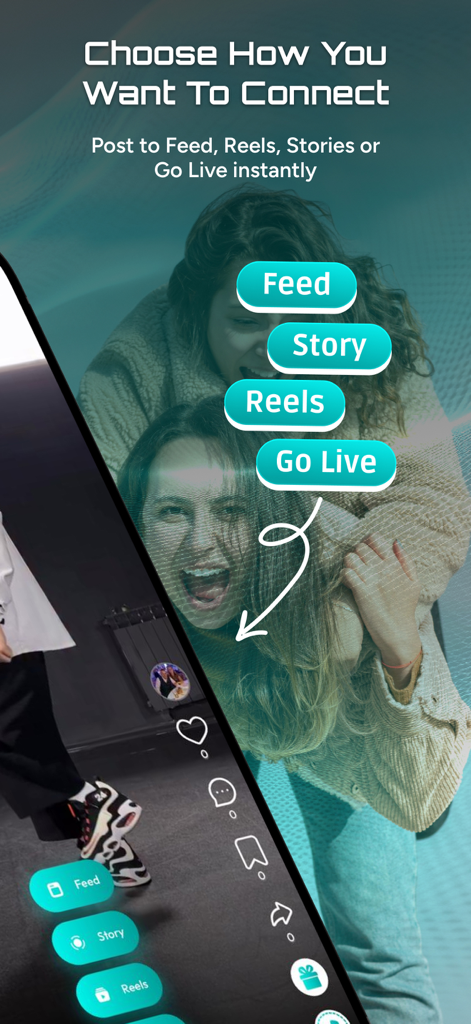 Rumpi - Rumpi app interface showing options to post to feed reels stories or go live