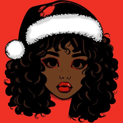 realistic girl with a santa hat curly hair and lips
