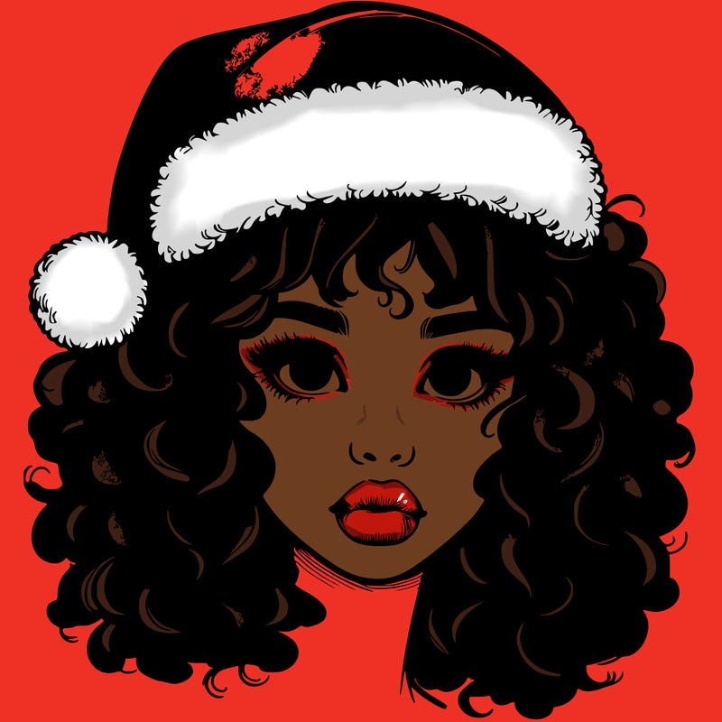 realistic girl with a santa hat curly hair and lips