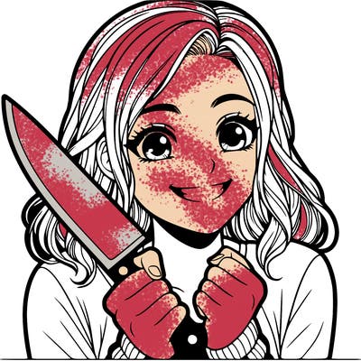 a realistic girl holding a knife and grinning