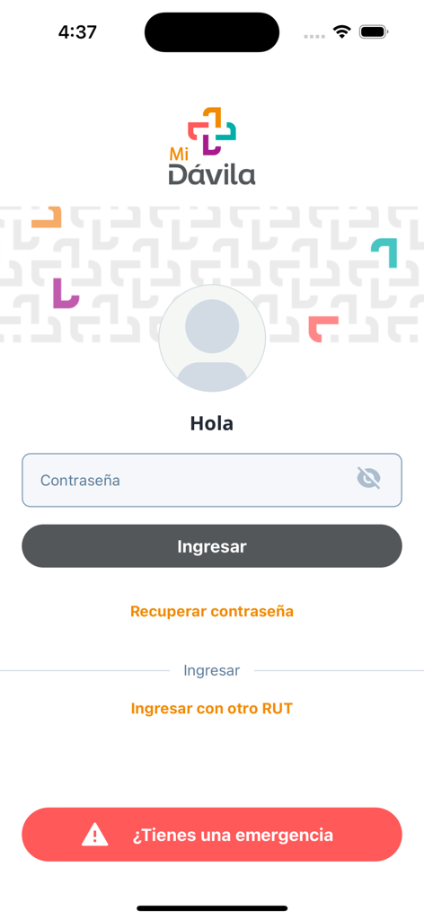 Mi Dávila - Écran de connexion de l'application médicale Mi Davila montrant un champ de mot de passe et un bouton d'urgence rouge