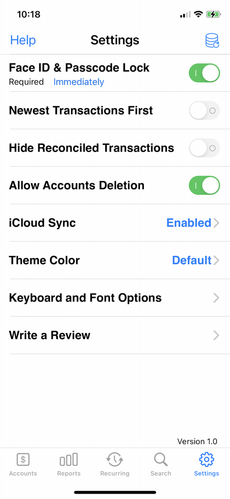 Accounts 3 Lite - Checkbook - Settings screen of the Accounts 3 Lite checkbook app showing Face ID lock and iCloud sync options