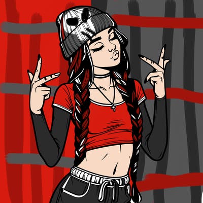 realistic teenage girl with braids and a beanie and crop top doing 🫶🏼