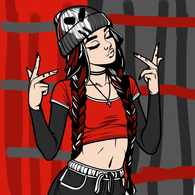 realistic teenage girl with braids and a beanie and crop top doing 🫶🏼