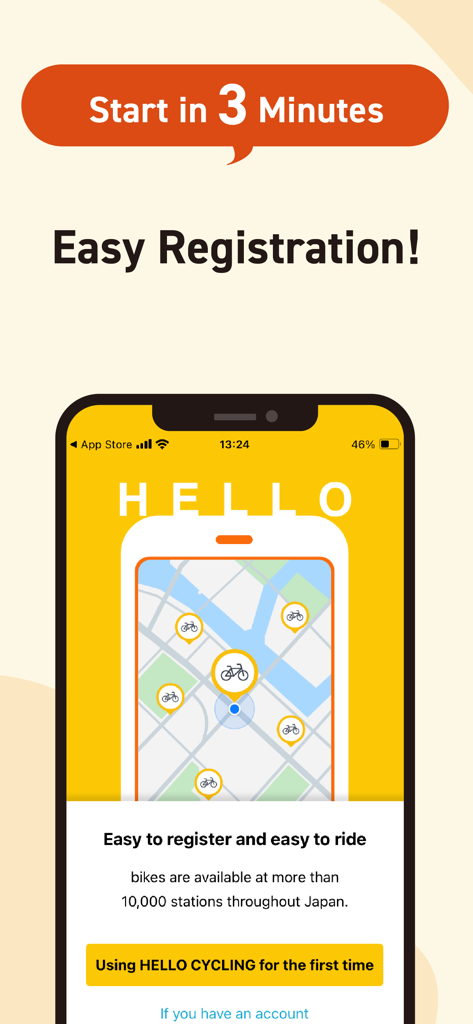 HELLO CYCLING mobile app onboarding screen showing quick registration and a map with bike rental stations across Japan