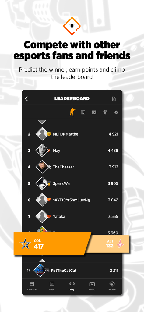 Strafe Esports - Strafe Esports app leaderboard displaying user rankings and prediction points for fans.