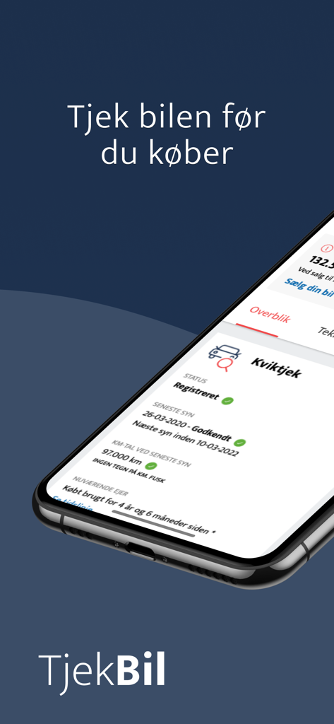 TjekBil - tjek nummerplade - TjekBil app interface displaying vehicle registration and inspection details