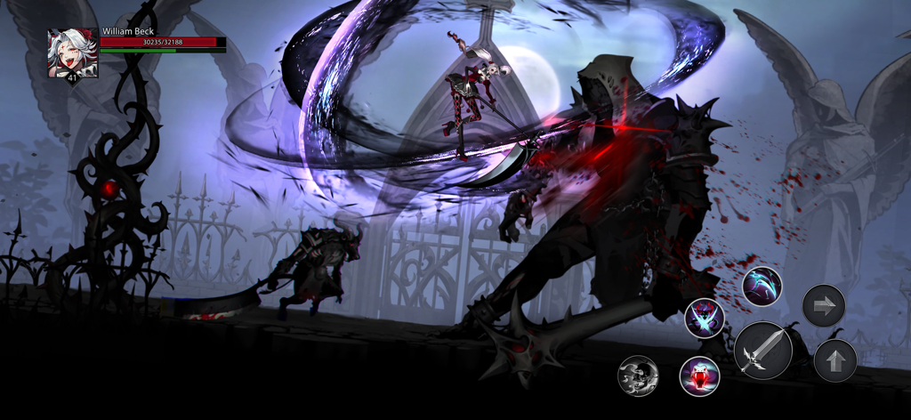 Uma caçadora executa um ataque circular de foice de energia roxa contra um chefe gigante em um cemitério gótico sombrio.