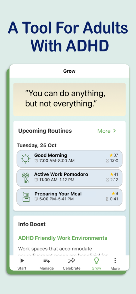 Brili Routines app interface for adults with ADHD showing a daily routine schedule and productivity tips.