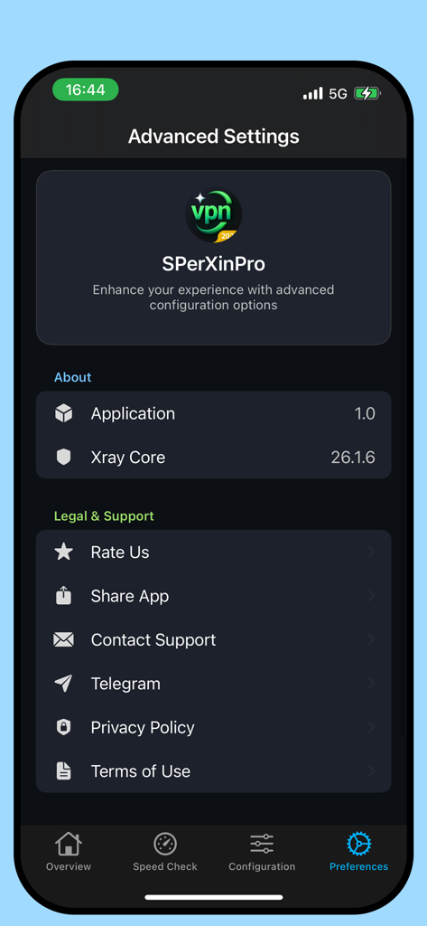 VPN - Buck Super - Advanced settings screen of Buck Super VPN displaying version information and support links