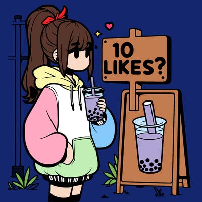 girl with oversized hoodie drinking boba and she has a high ponytail with a sign that says 10likes?