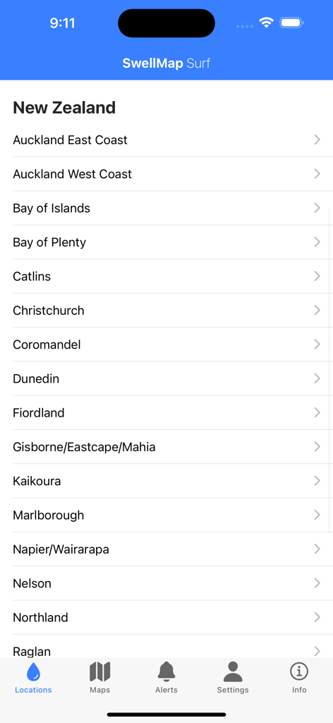 SwellMap Surf - List of New Zealand surf regions in the SwellMap Surf app