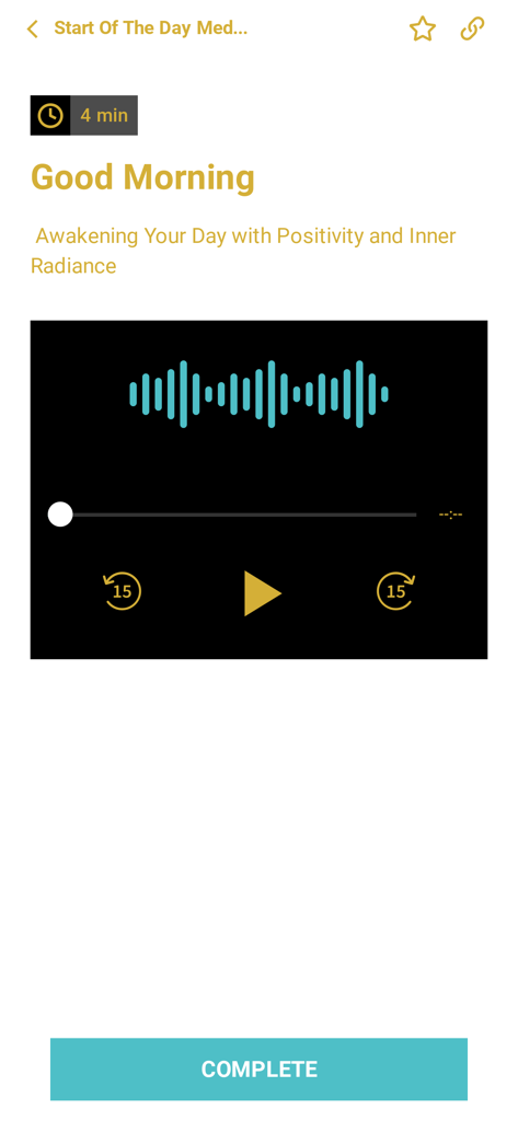 Lit-Vibe: Meditation - Good Morning meditation audio player screen in the Lit Vibe app with a four minute timer and blue waveform