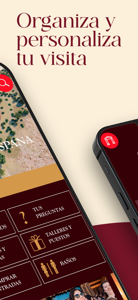 Interfaz de la aplicación móvil Puy du Fou España con una guía del visitante, mapa e iconos de servicios como baños y talleres.
