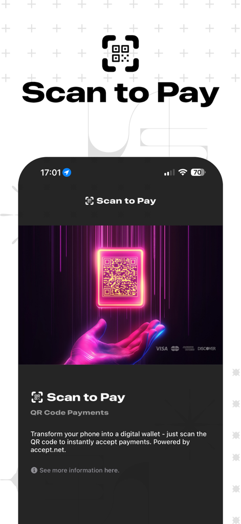 Interfaccia dell'app Scan to Pay per pagamenti aziendali tramite codice QR