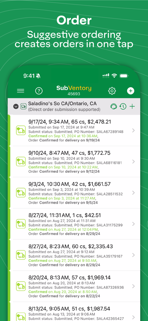 SubVentory - SubVentory app screen showing a history of submitted and confirmed restaurant supply orders