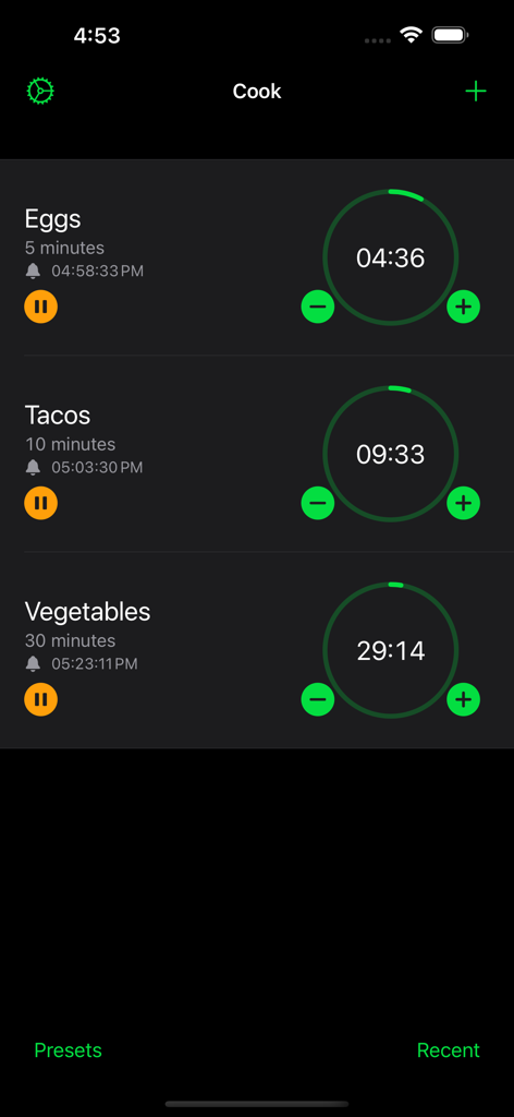Mobile app interface displaying multiple running kitchen timers for eggs, tacos, and vegetables