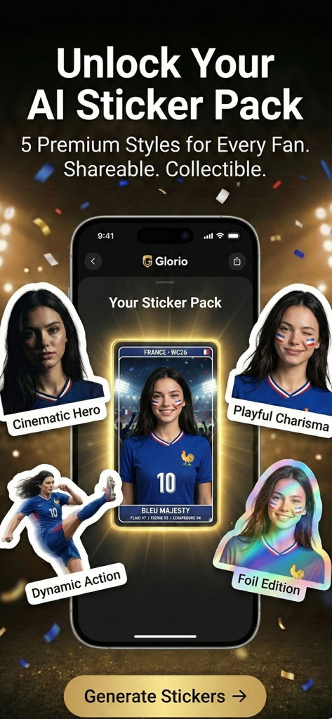 A mobile screen showing five premium AI sticker styles for the Glorio fan card app.