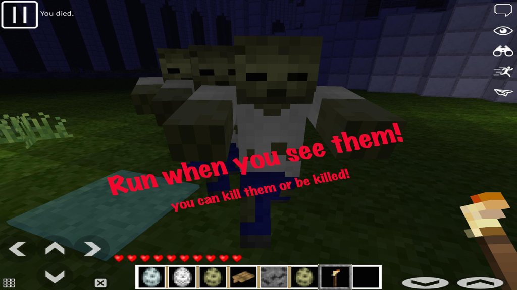 FreeCraft Survival Pocket Edition - First person view of zombies attacking the player at night in FreeCraft Survival game
